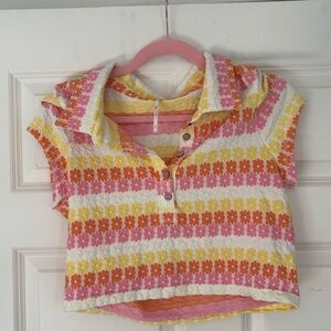 Free People Daisy Flower Print Boho Hippie Collared Crop Top
